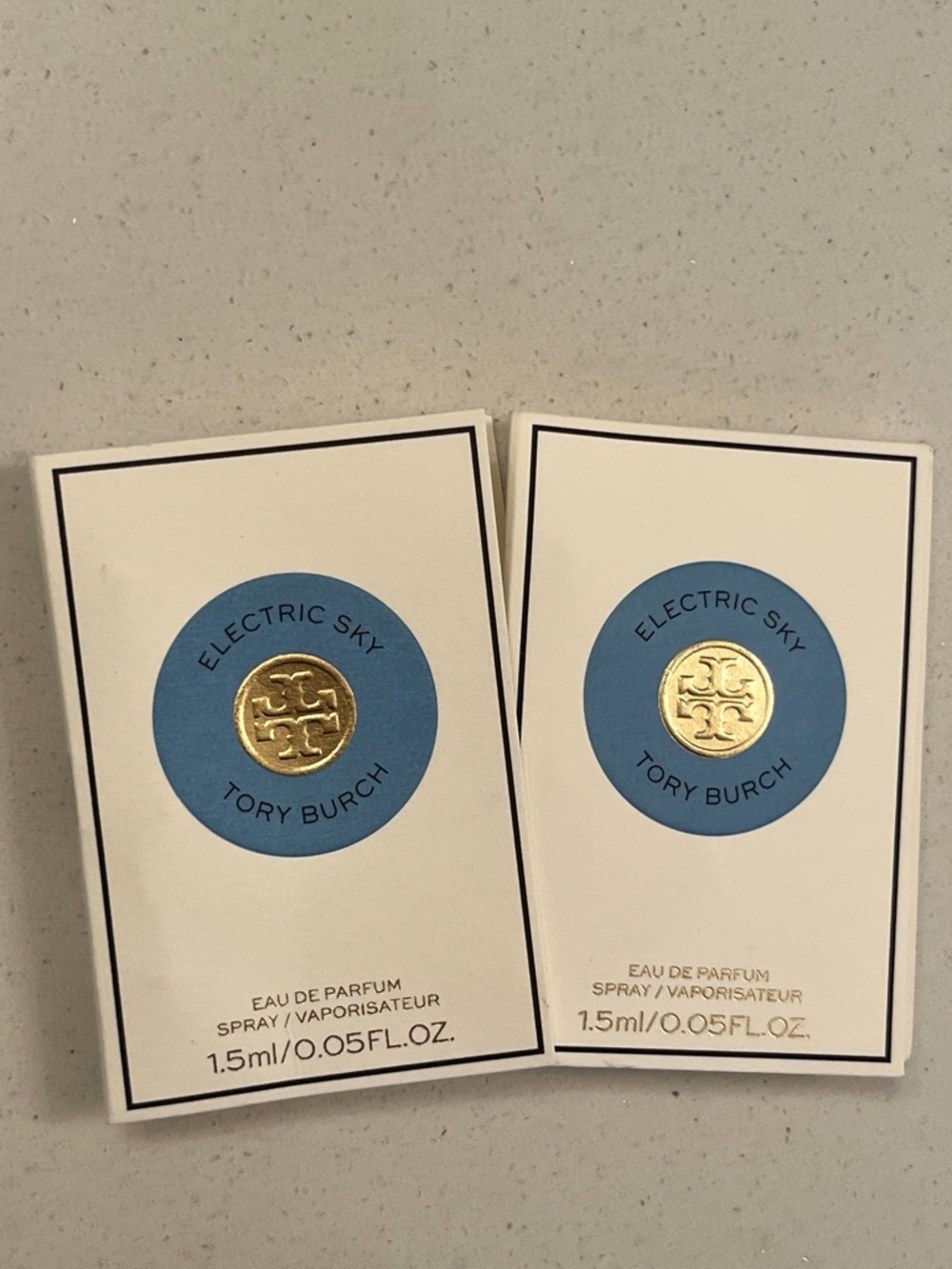 Tory Burch Electric Sky Sample Cards - White, Blue & Gold
